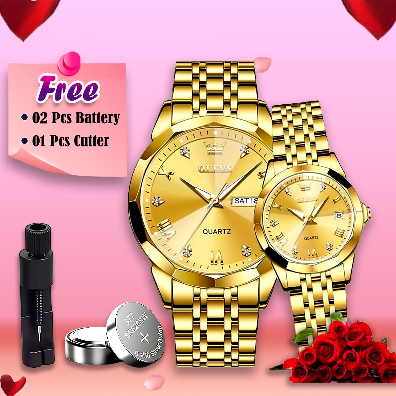 Olevs Stainless Steel fashionable Couple watches Full Golden